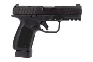Optic-ready 9mm pistol with compact black polymer frame.